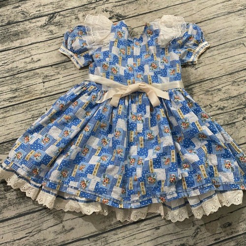 Vtg Kid Girl Full Circle Twirl Bib Dress Sz 10 (see msrmnts) Blue Floral Pattern - Picture 4 of 12