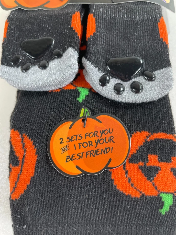 NUEVO CON ETIQUETAS Feliz Halloween Calabazas Mascota y Dueño 2 Pares Calcetines Talla 5-10 Y Una Mascota Foto 2 de 4
