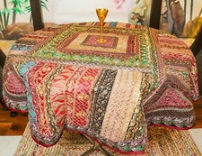 TABLECLOTH DARK RED ZARI WORK HAND EMBROIDERED DIA 70" USA SELLER FREE SHIP