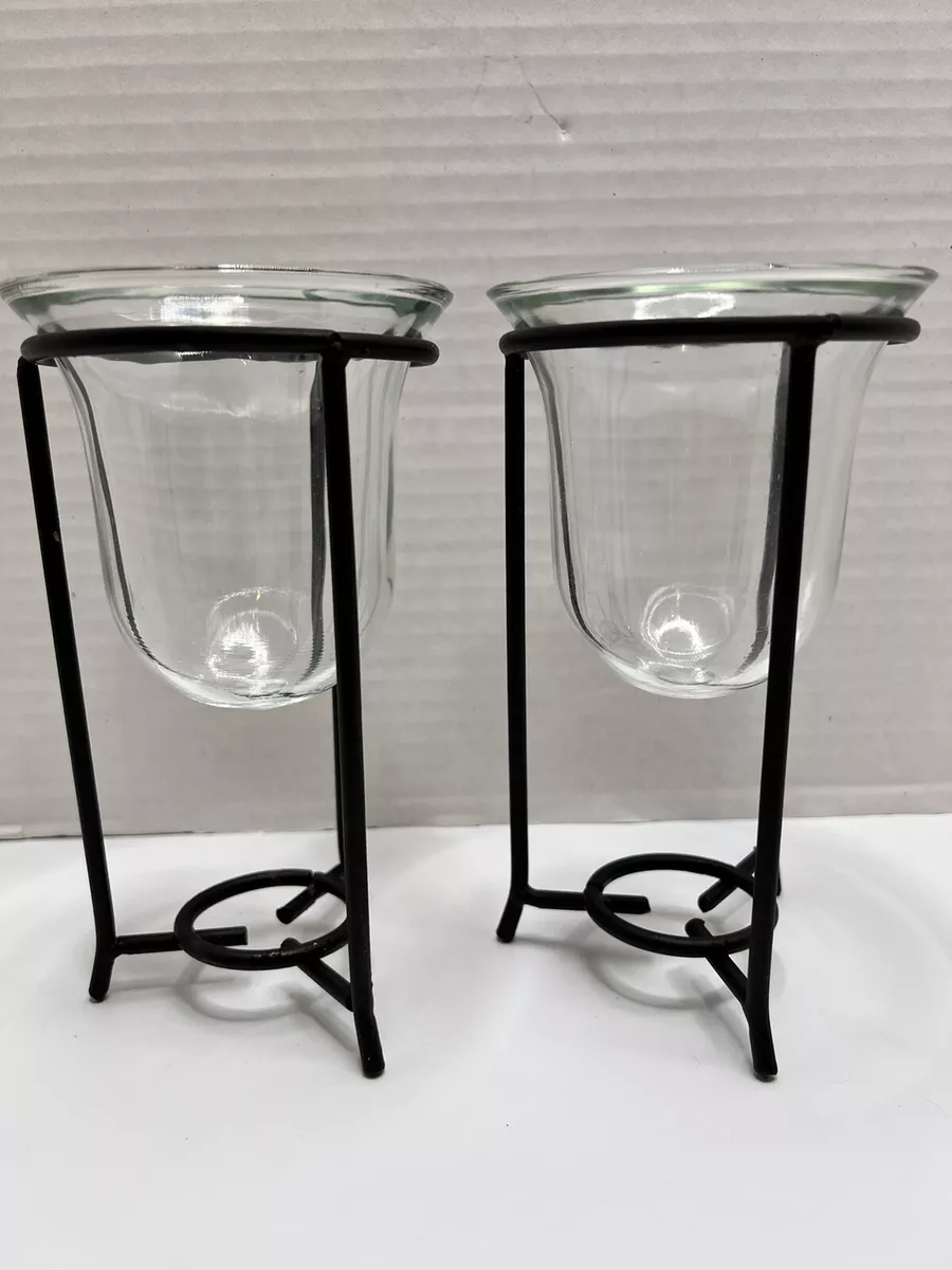 2 Black Metal Candle Holder Stands with Glass Inserts 6 3 4