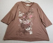 Venezia Top Women’s 22 24 Brown ¾ Sleeves Split Neck Flower Heart Metallic Thin