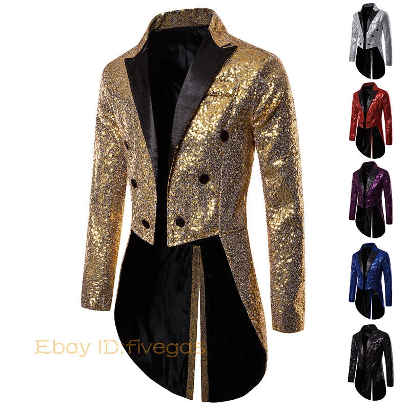 Men Shiny Sequin Jacket Tuxedo Tailcoat Wedding Prom Suit Magician Showman Cool - Image 2 of 4