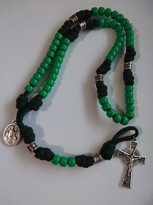 St Patrick Paracord Rosary Green Beads Black cord Irish Celtic crucifix medal