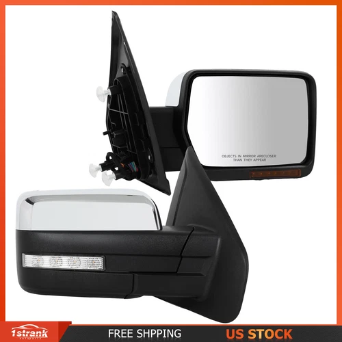 Tow Mirrors For 2004-2014 Ford F150 Chrome Power Heated Puddle Light Turn Signal