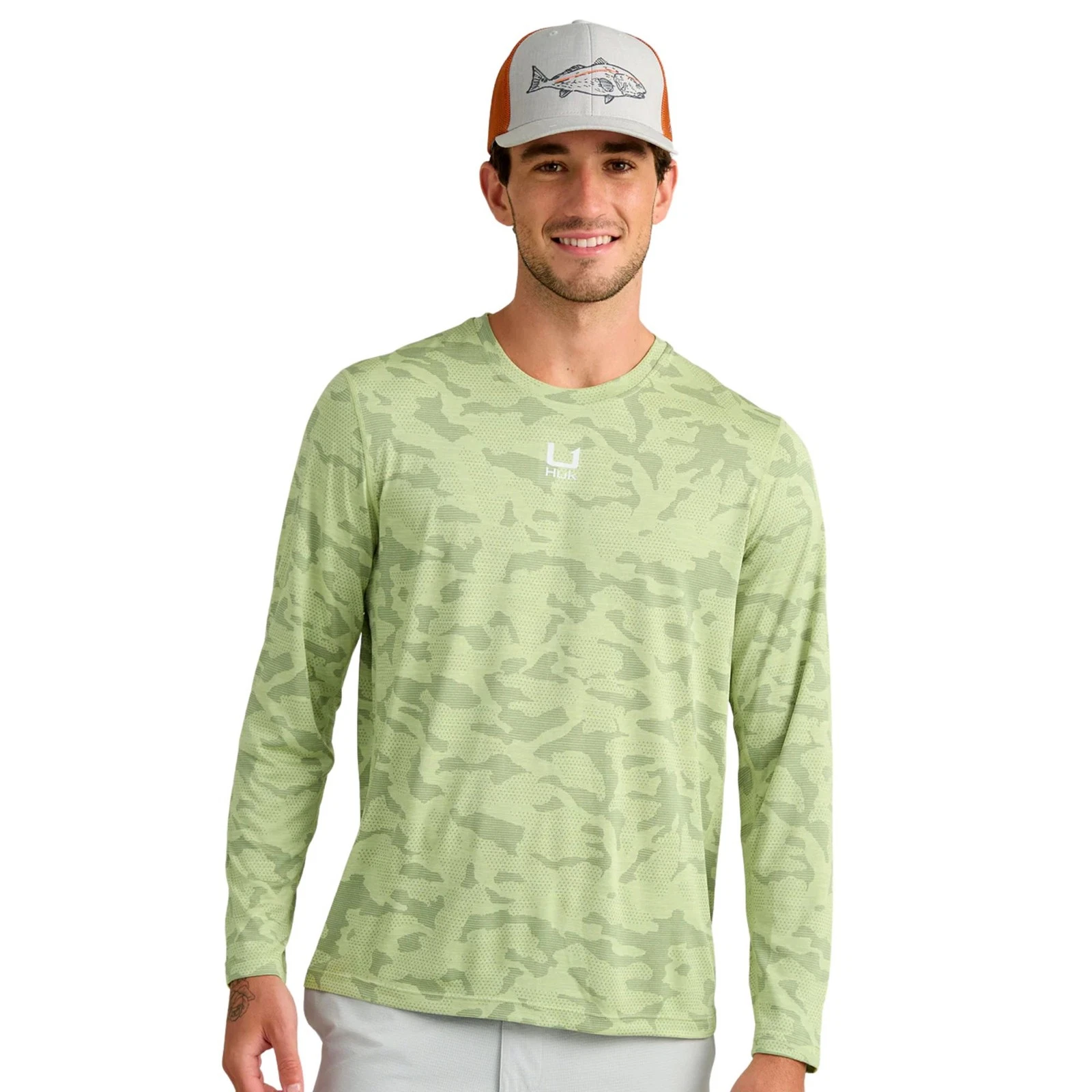 Huk Andros Long Sleeve Crew Men's Tech Shirt, Vintage Chartreuse, Medium