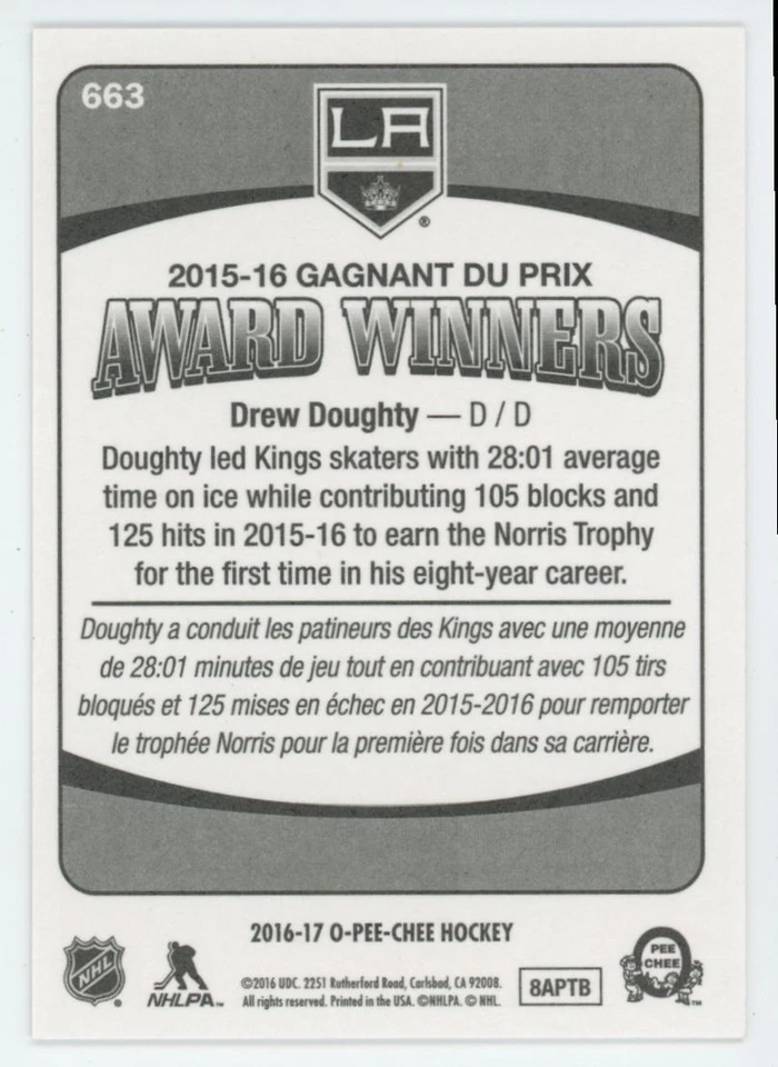 2016-17 O-PEE-CHEE Drew Doughty AWARD WINNERS #663 Rare! - Image 2 of 2