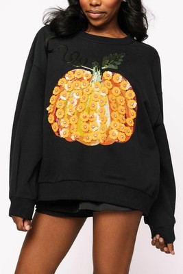QOS QUEEN OF SPARKLES BLACK & ORANGE FLOWER SEQUIN PUMPKIN SWEATSHIRT LARGE