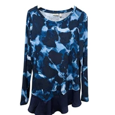 LOGO Lori Goldstein Tunic Top Medium Blue Chiffon Ruffle Long Sleeve Tee NWOT