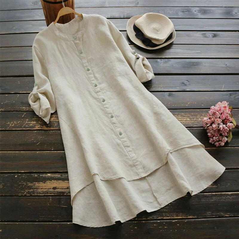 Blouse Tunic Tops Cotton Linen Women Button Casual Long Sleeve Long Shirt - Image 2 of 4