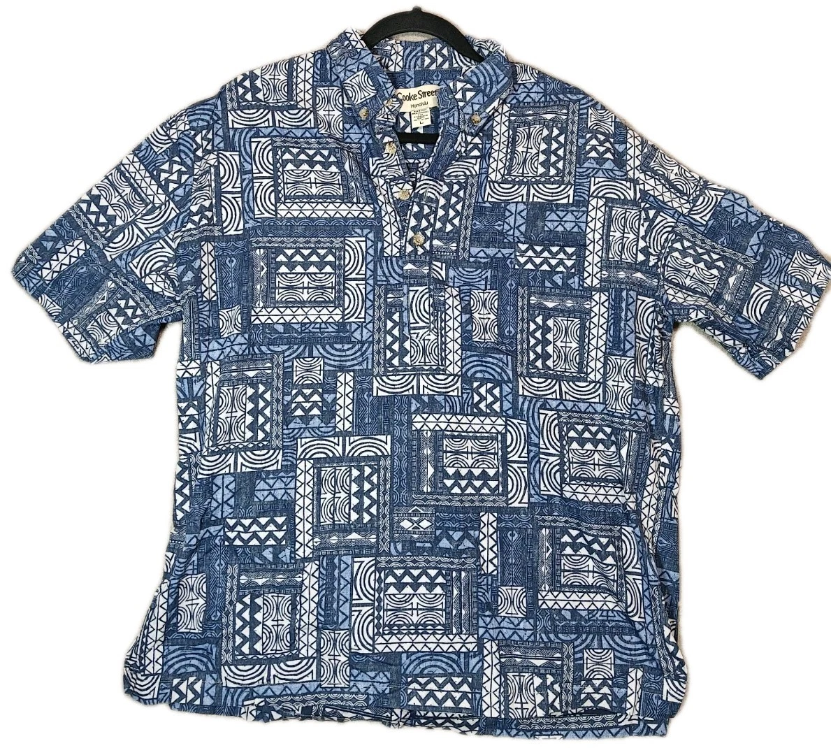 Cooke Street Honolulu Hawaiian Shirt Men Large Blue Geometric 1/4 Button Cotton
