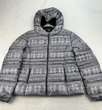 Halifax Traders Goose Down Puffer Jacket Women L Fair Isle Hooded L/S Full Zip