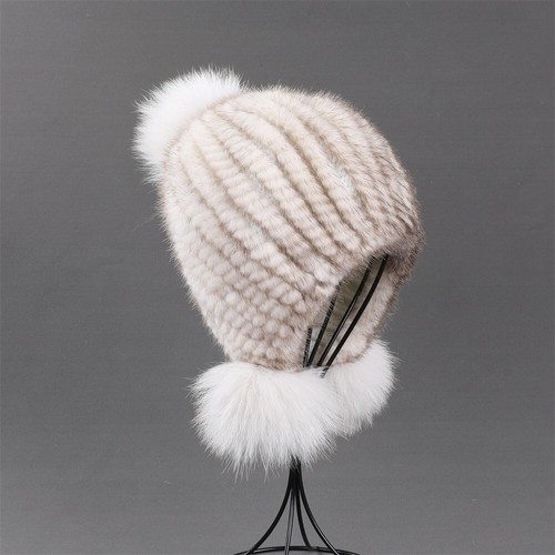 Women's Winter Beanie Hat Genuine Mink Fur Knitted Cap With Earflaps Fox Fur Pom - Picture 10 of 29