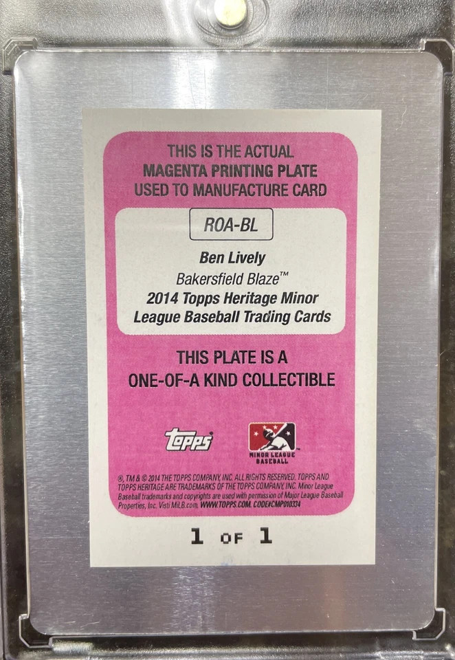2014 Topps Heritage Minors ROA-BL “Big” Ben Lively Magenta Plate #1/1 AUTO 🔥 - Image 2 of 2