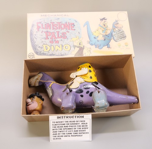 1962 Linemar Flintstone Wind-Up Tin Toy Fred on Dino Hanna Barbera Working box - Picture 6 of 6