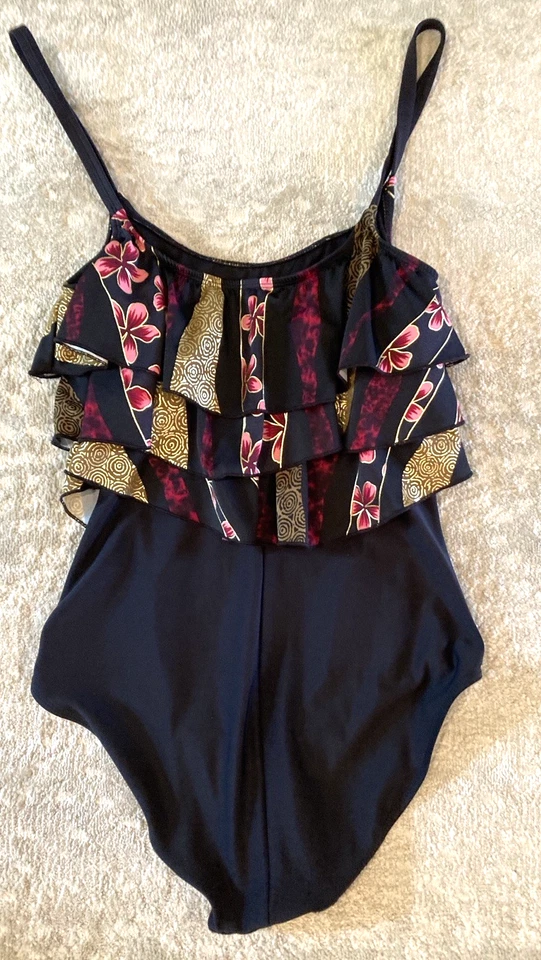 Traje de baño Ceeb vintage para mujer talla 14 negro rosa dorado con volantes de una pieza años 1950-60 Foto 2 de 4