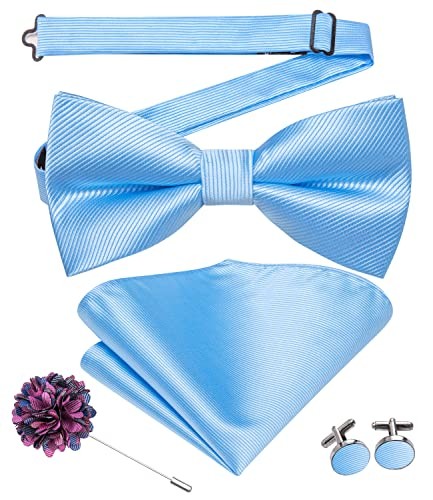 Bow Ties for Men Pre-Tied Pocket Square Lapel Pin Cufflinks Mens Sky Blue