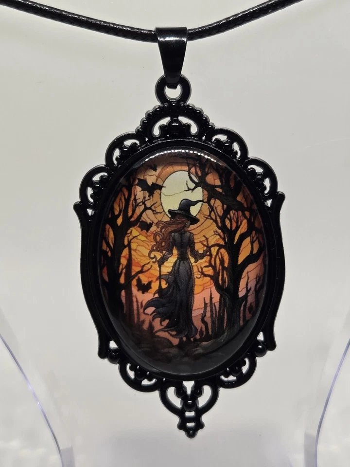 Collar Colgante Gótico Halloween Estilo Retro Diseño Bruja • Naranja y Negro 3D Foto 3 de 4