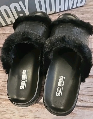 Stacy Adams Monty Slide Sandal Crocodile Print Faux Fur Black Sz 9 Mens NIB - Picture 4 of 7