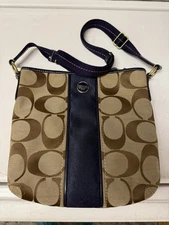 Coach Signature Stripe Crossbody Bag Khaki Navy Canvas Leather Purse F19179