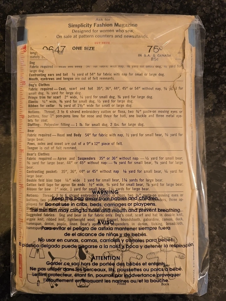 Vintage Simplicity 9647 Plushy Pets Dog & Bear Large/Small w/Clothes 1971 Uncut - Image 2 of 2