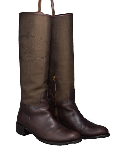 靴 PRADA leather long boots dark brown PRADA Women's High Knee Boots Dark Brown Suede Side Zip Closure Sz