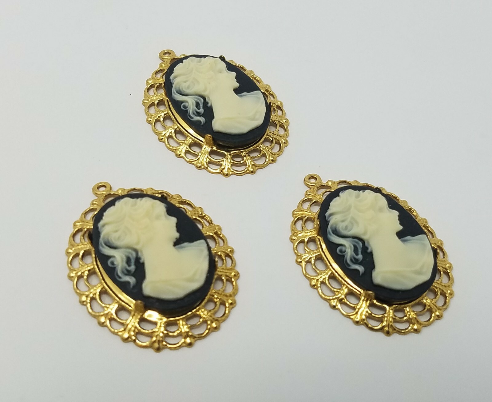 3 pcs 25mm VTG Black Victorian Lady Craft Jewelry Cameos Gold Filigree Settings