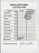 3-4-11 Cleveland Indians Spring Training Game Used Lineup Card - Carlos Santana
