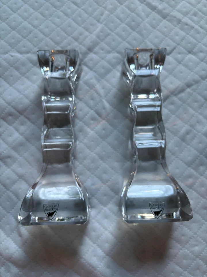 Pair Orrefors Sweden Cruise Crystal Wavy 6-1/8" Candlesticks Wavy Signed - Image 2 of 4
