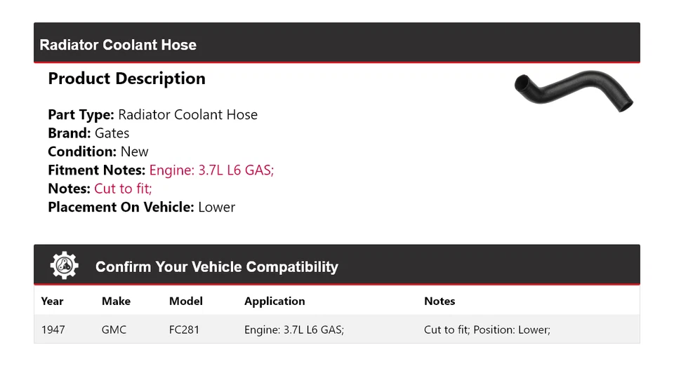 Manguera de refrigerante de radiador de gas para GMC FC281 1947 3,7 L L6 puertas inferiores Foto 2 de 4