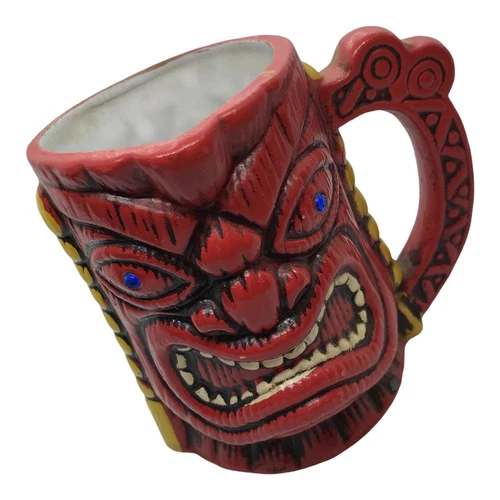 Vintage Tiki Pottery Mug Red Aloha MCM Mid Century Modern Tropical Mancave