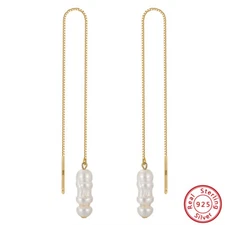 Freshwater Pearl Solid 925 Sterling Silver Chain Long Threader Earrings 14KG E07
