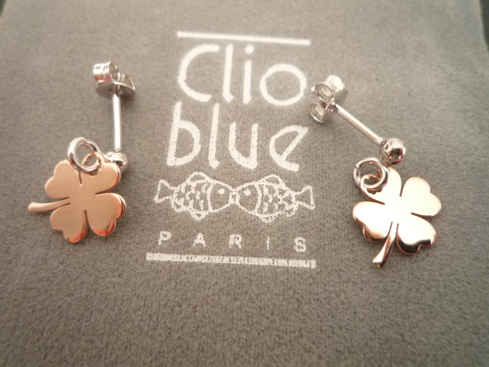 JOLIES BOUCLES CLOUS CLIO BLUE ARGENT 925/TREFLE PLAQUE OR ROSE PENDANT/NEUF - Photo 1/1