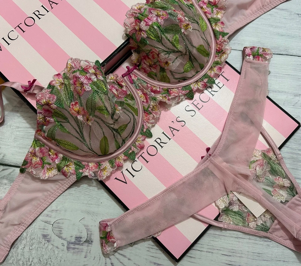 Victoria’s Secret Tiza Rosa Bordado Malvado Sin Forro Balconette Sujetador Tanga Conjunto Foto 4 de 4