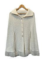 Vintage Americana Knitting Mills Womens XL Poncho Cape White Buttons Fringe