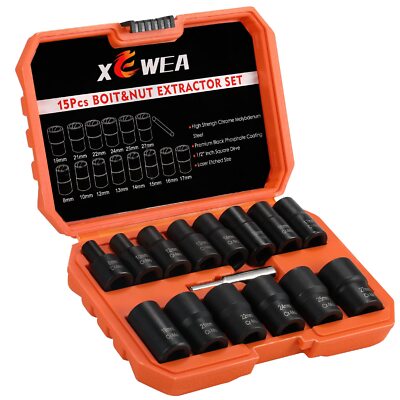 15pcs 1/2'' Drive Lug Nut Removal Tools Striped Wheel Lock Removal Kit Easy Out T