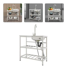 Stainless Steel Utility Kitchen Sink Freestand Outdoor Rectangle Sink w/ Faucet