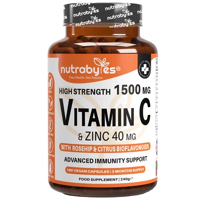 NUTRABYTES Vitamin C 1500mg Zinc 40mg with Rosehip & Bioflavonoids- 180 Capsules (3 Months)