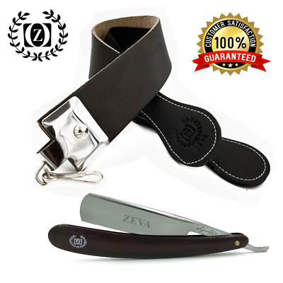 Wet Shave Straight Edge Razor + Raw Cowhide Leather Sharpening Strop Strap