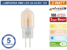 5 PEZZI UNIVERSO LAMPADINA LED G4 2W BULB CHIP SMD 300° 200 LUMEN AC/DC 12V