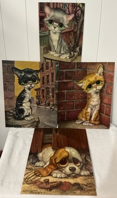 Vintage Gig Pity Kitty Puppy Big Eye Art Prints Lot Of 4, 14 X 11 & 10x 8
