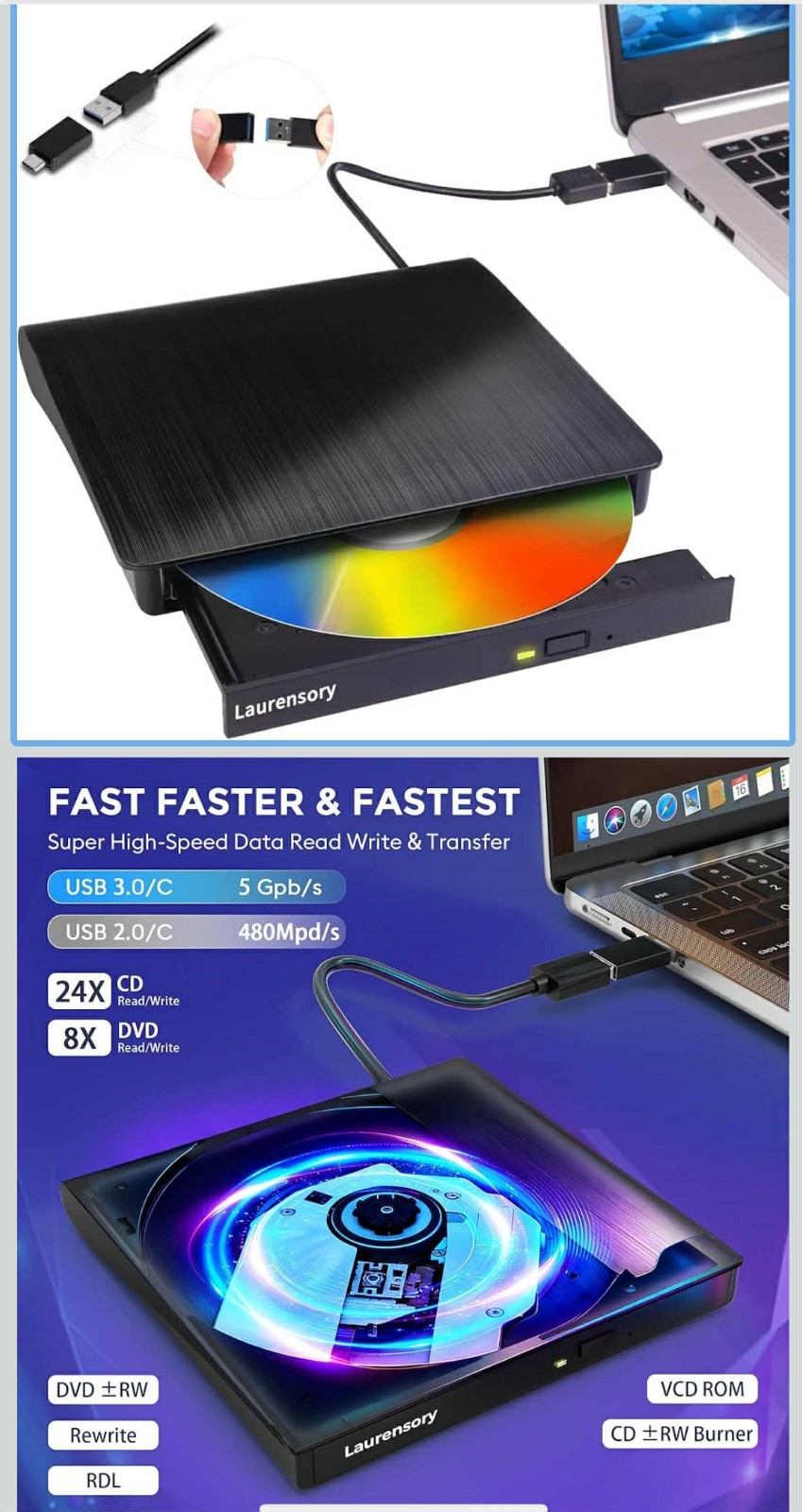 Laurensory External CD/DVD Drive – USB 3.0/USB-C High-Speed Reader Writer Burner