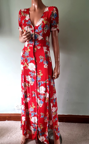 Vintage Miss Selfridge Red Floral Button Front Maxi Dress UK:6
