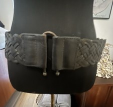 MOTIF 56 Vintage Genuine Leather/Elastic Wide Waist Belt Black Brass Med Boho