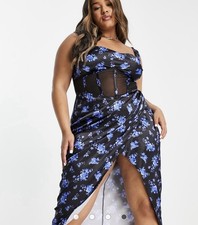 ASOS DESIGN Curve black corset-style midi dress with mesh floral print SZ 20