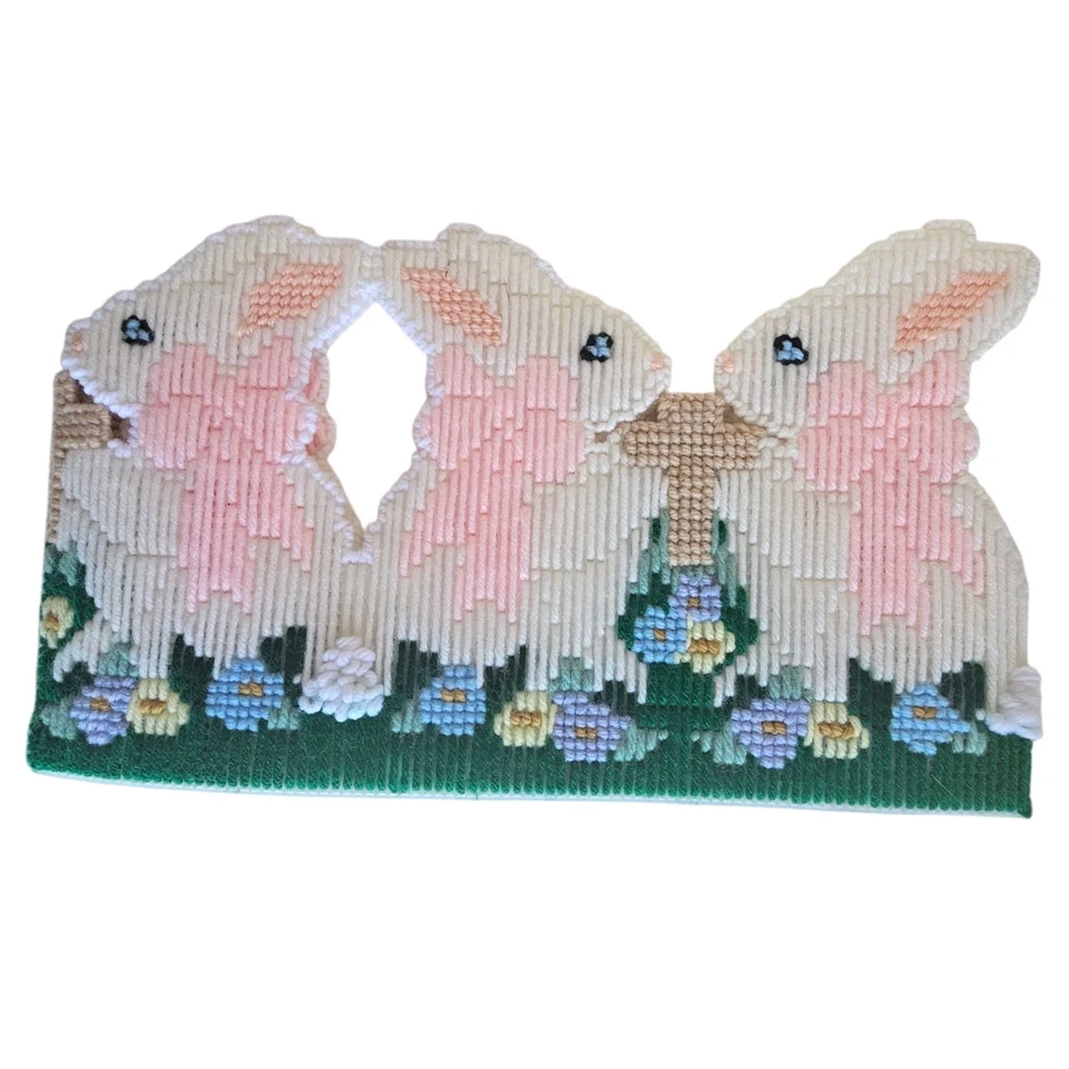 Vintage Plastic Canvas Bunny Easter Plant Pot Cover Handmade Spring Decor - Image 3 of 4