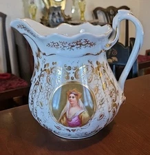 Old Paris Porcelain Portraits Water Pitcher 19th Century Victorian Hand Painted