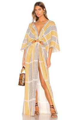 NWT $995 JOHANNA ORTIZ ''Paradise'' linen midi dress - Ecru & Fresh Lemonade - S