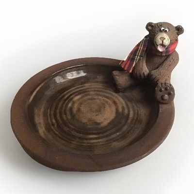 Clay Pottery Whimsical Bear Figure On Trinket Tray Plate Artist Signed 6  Round