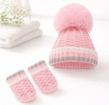 Baby Hat Mittens Set Pom Pom Girl Ribbed Knitted Bobble Winter Gloves 0 - 12 M