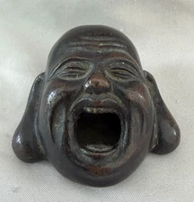 Miniature Bronze Hotei Happy Buddha Head Mouth Open Brush Pot / Ink
